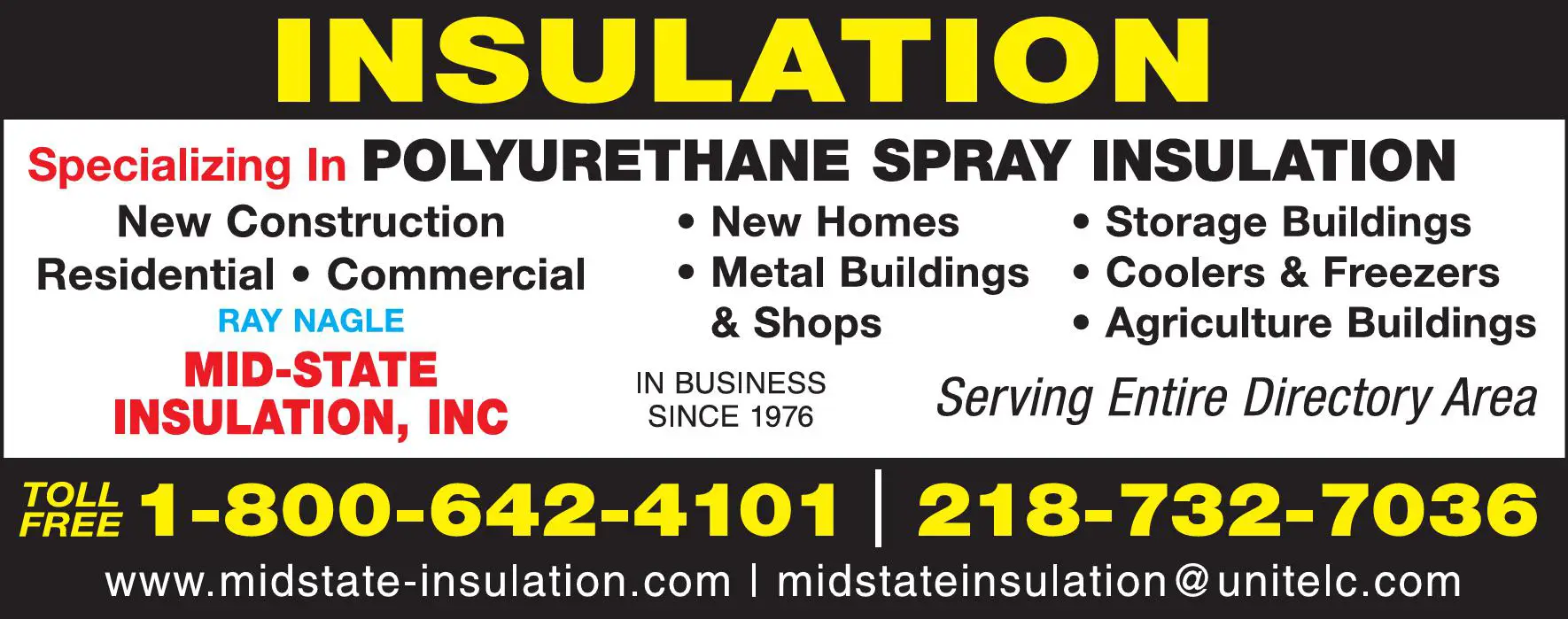 Insulation Contractors print ad for Mid-State Insulation Inc