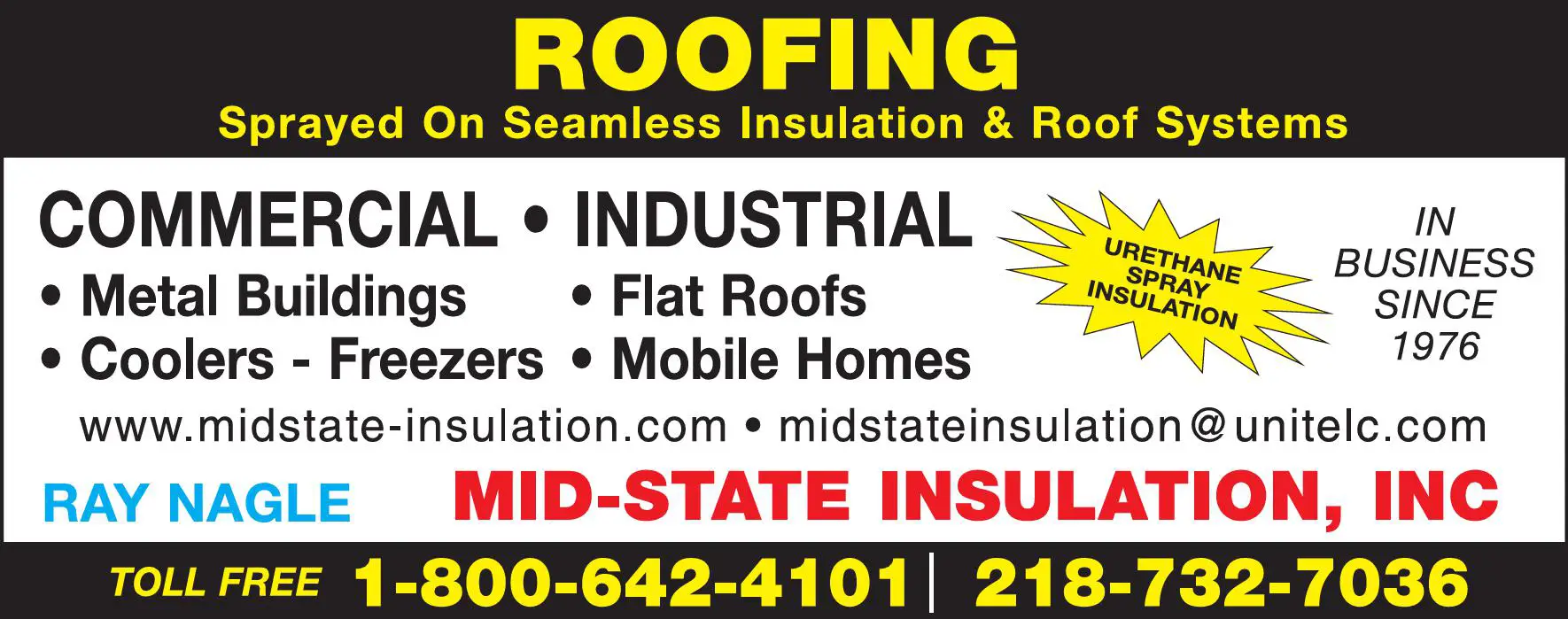 Roofing Contractors print ad for Mid-State Insulation Inc