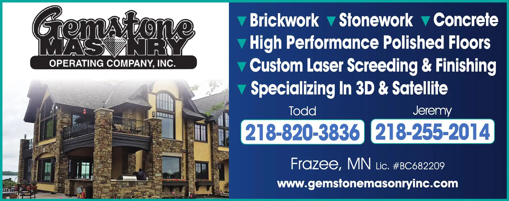 Concrete Contractors print ad for Gemstone Masonry Operating Company Inc
