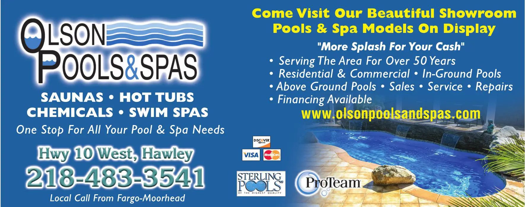 Swimming Pool Contractors, Dealers & Designers print ad for Olson Pools & Spas