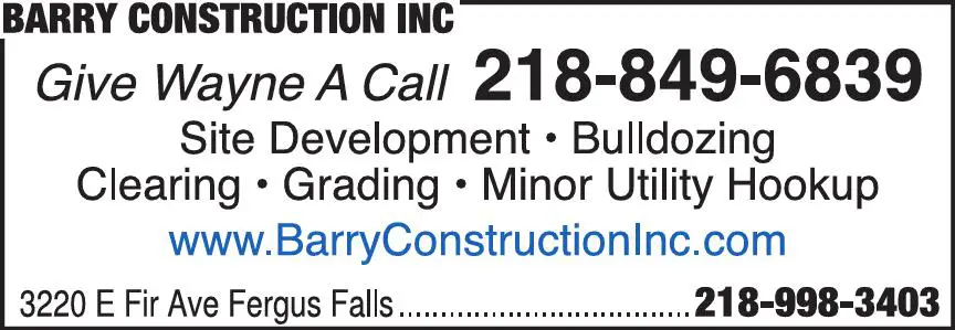 Excavating Contractors print ad for Barry Construction Inc