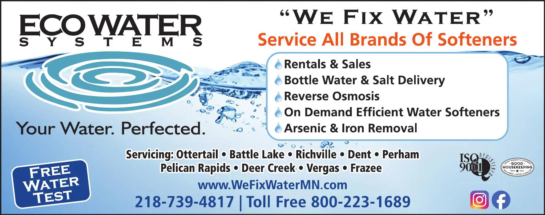 Water Softening & Conditioning Equipment - Service & Supplies print ad for Ecowater Systems Of West Central MN & Lakes Area