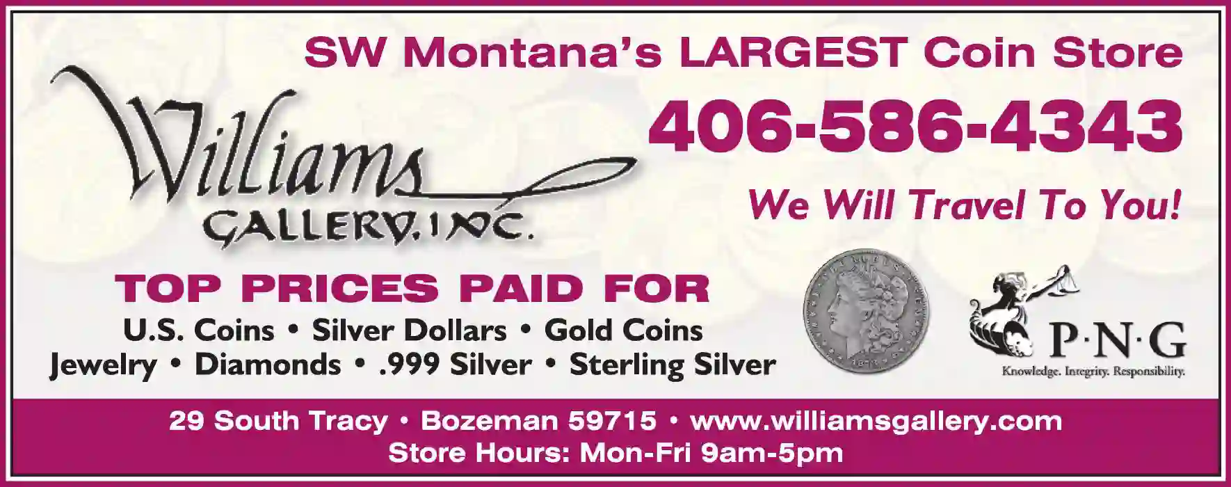 Gold, Silver & Platinum Dealers print ad for Williams Gallery Inc