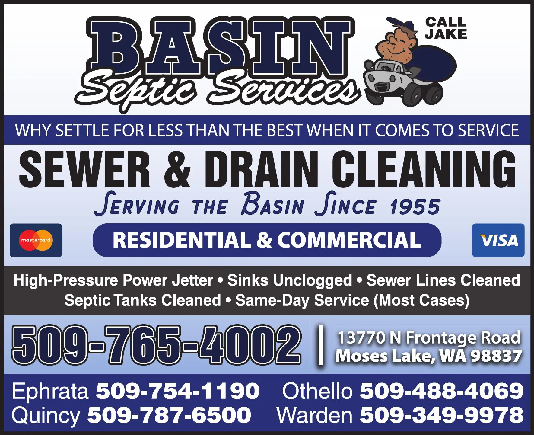Plumbing Drains & Sewer Cleaning print ad for Basin Septic Services Inc