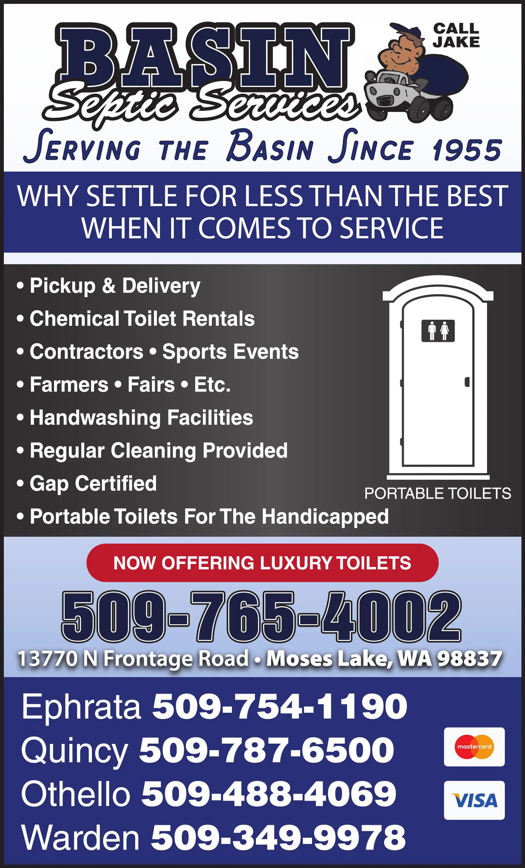 Toilets - Portable print ad for Basin Septic Services Inc