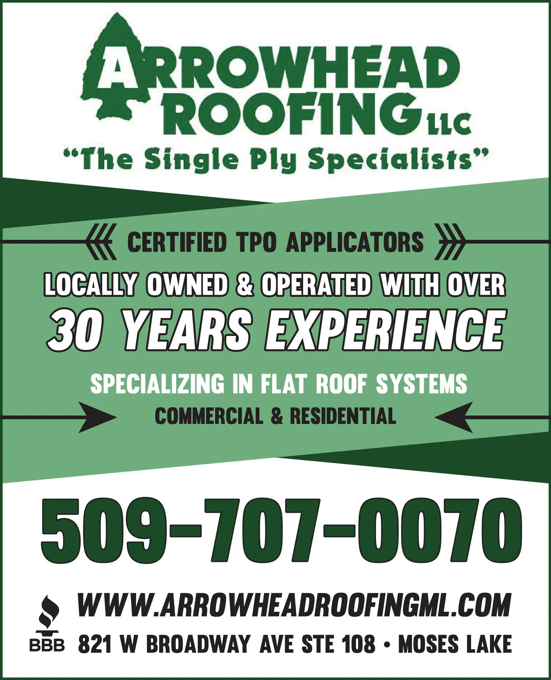Roofing Contractors print ad for Arrowhead Roofing LLC