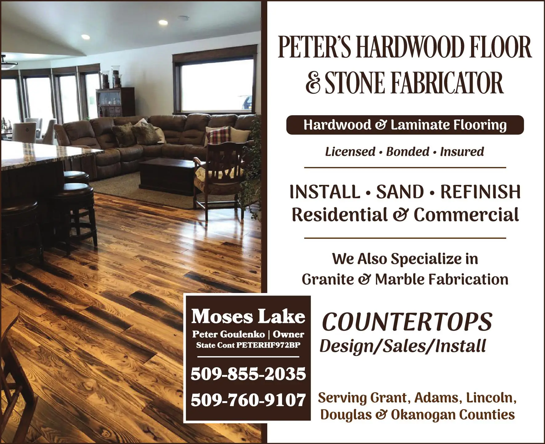Granite print ad for Peter's Hardwood Floor & Stone Fabricator