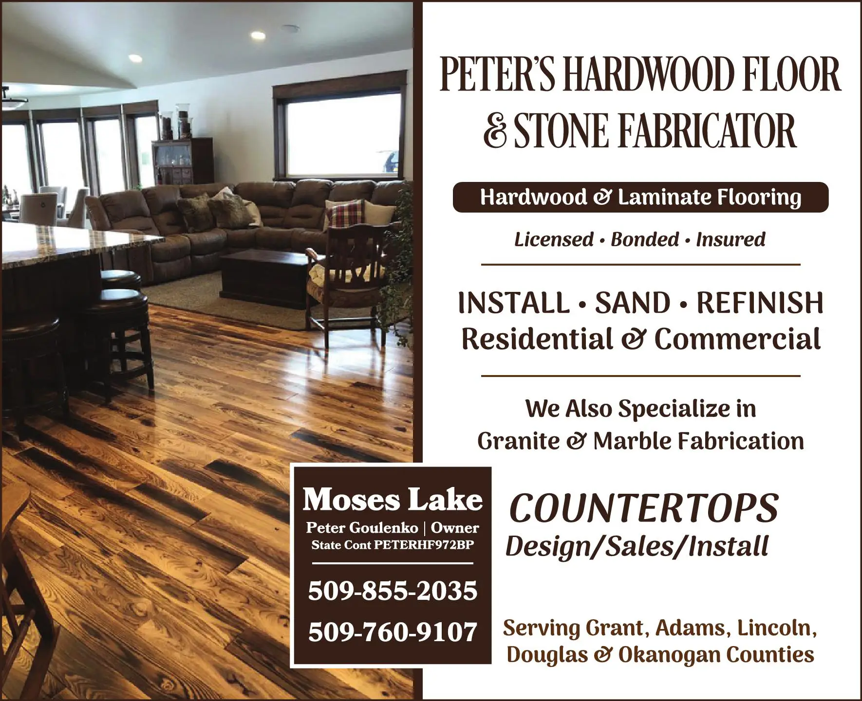 Counter Tops print ad for Peter's Hardwood Floor & Stone Fabricator