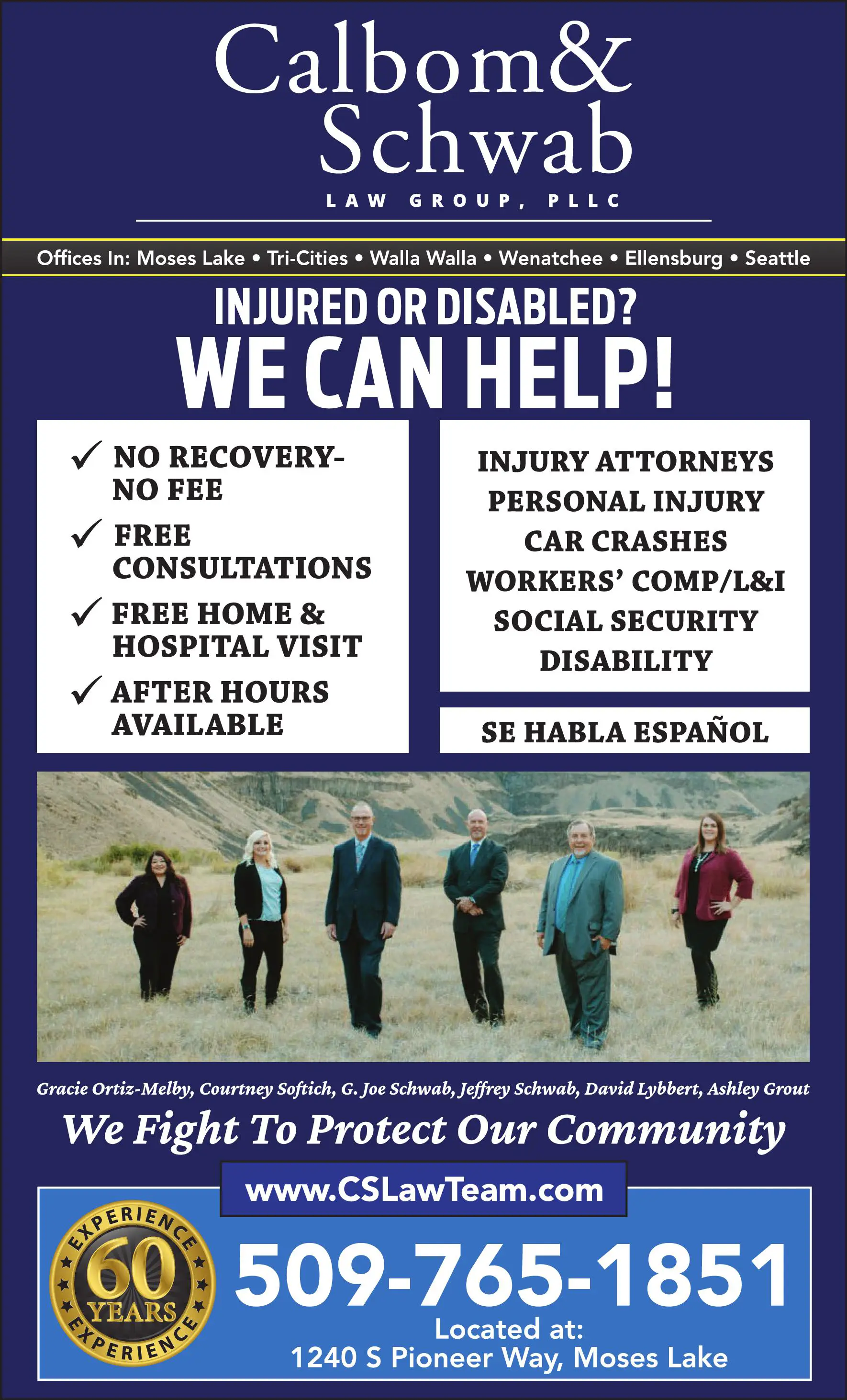 Attorneys print ad for Calbom & Schwab Law Group PLLC