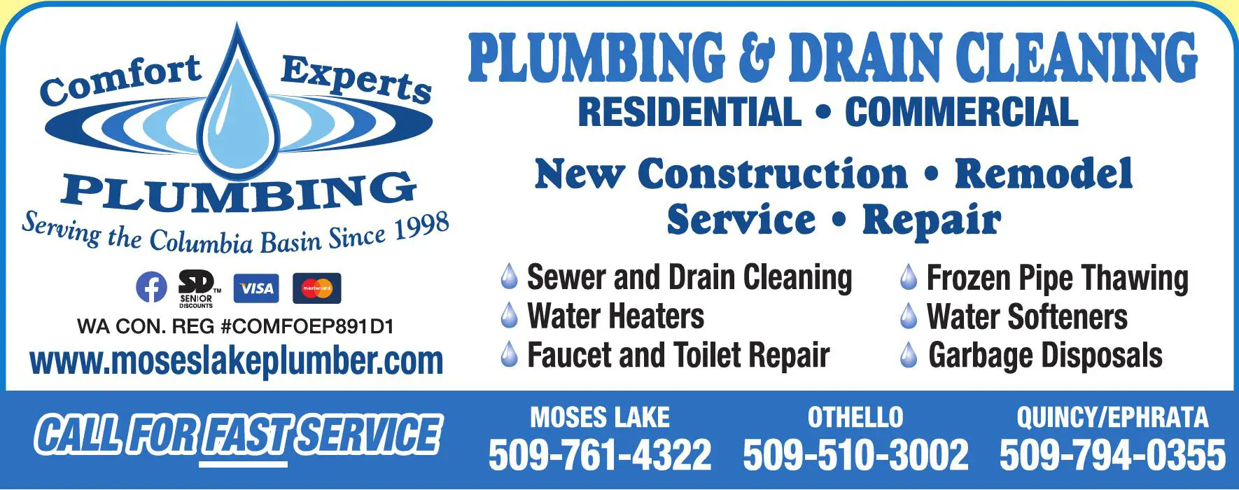 Plumbing Contractors print ad for Comfort Experts Plumbing Inc