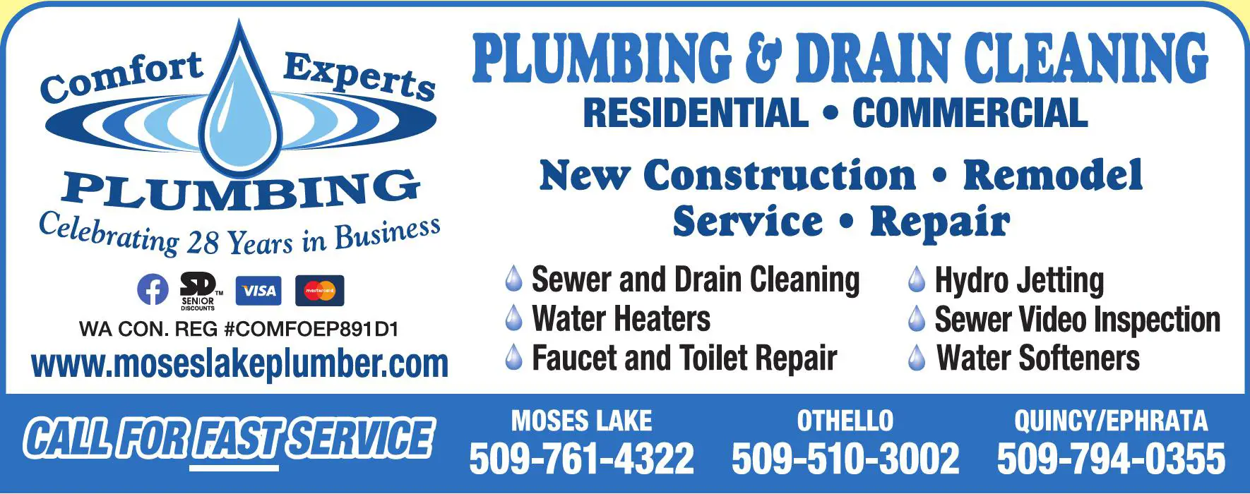 Sewer & Drain Cleaning, Services & Repairing print ad for Comfort Experts Plumbing Inc
