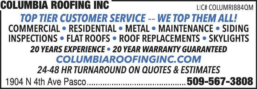 Roofing Contractors print ad for Columbia Roofing Inc
