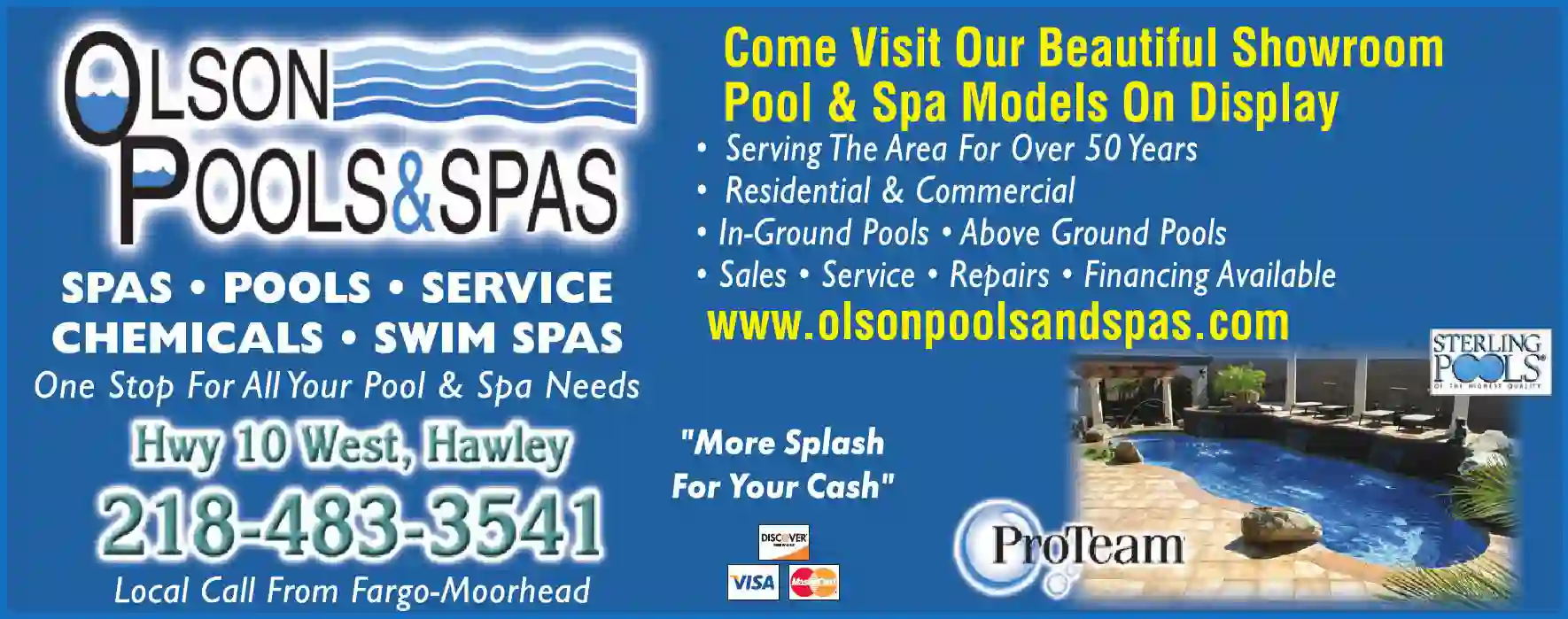 Swimming Pool Contractors, Dealers & Designers print ad for Olson Pools & Spas