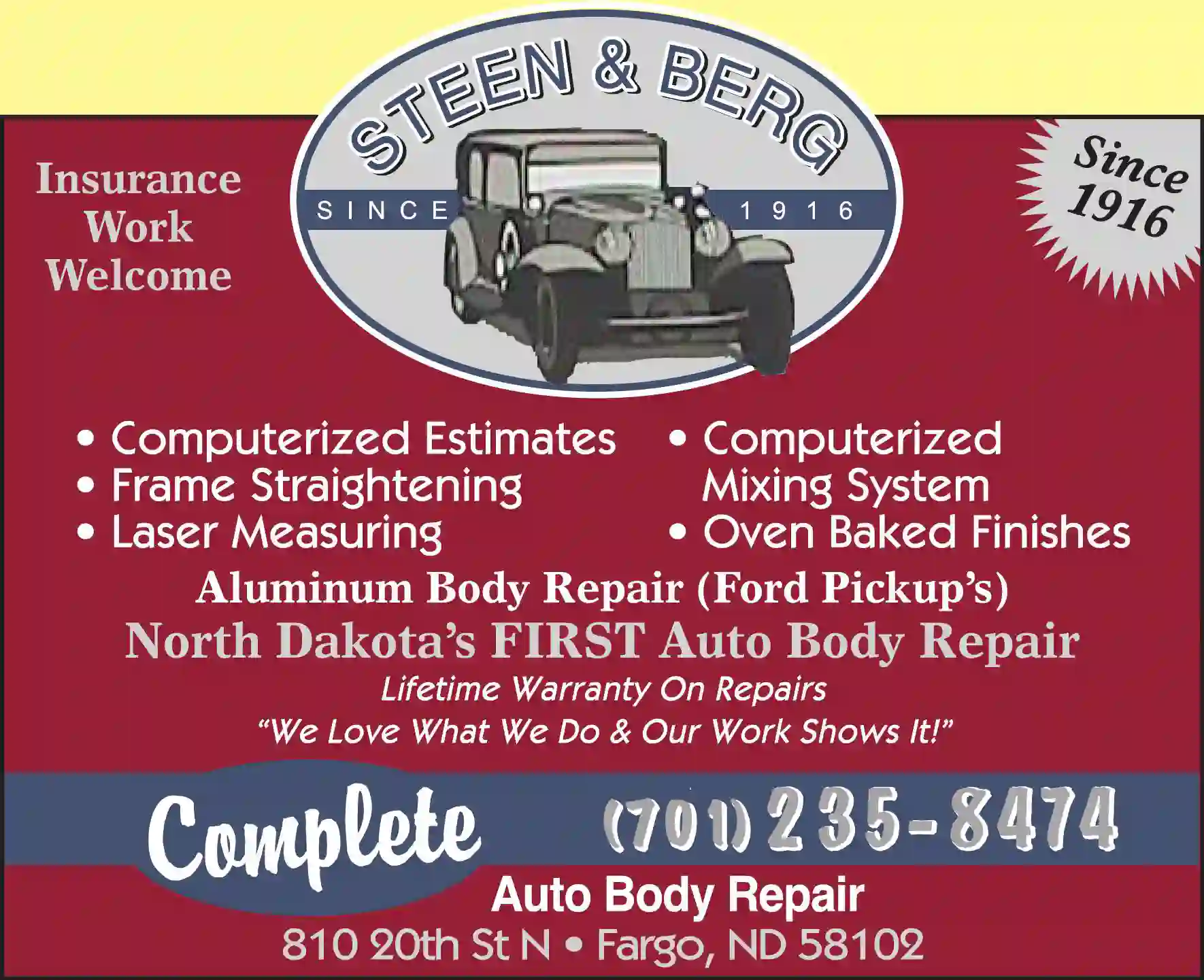 Auto Body Repair & Paint print ad for Steen & Berg Co