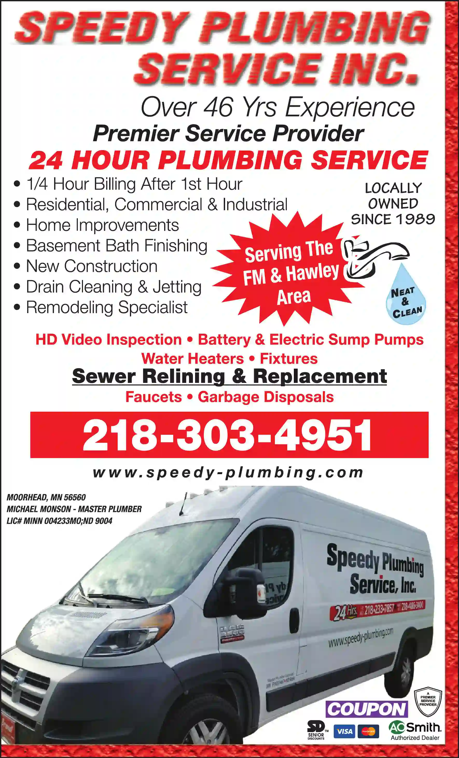 Plumbing Contractors print ad for Speedy Plumbing Service Inc