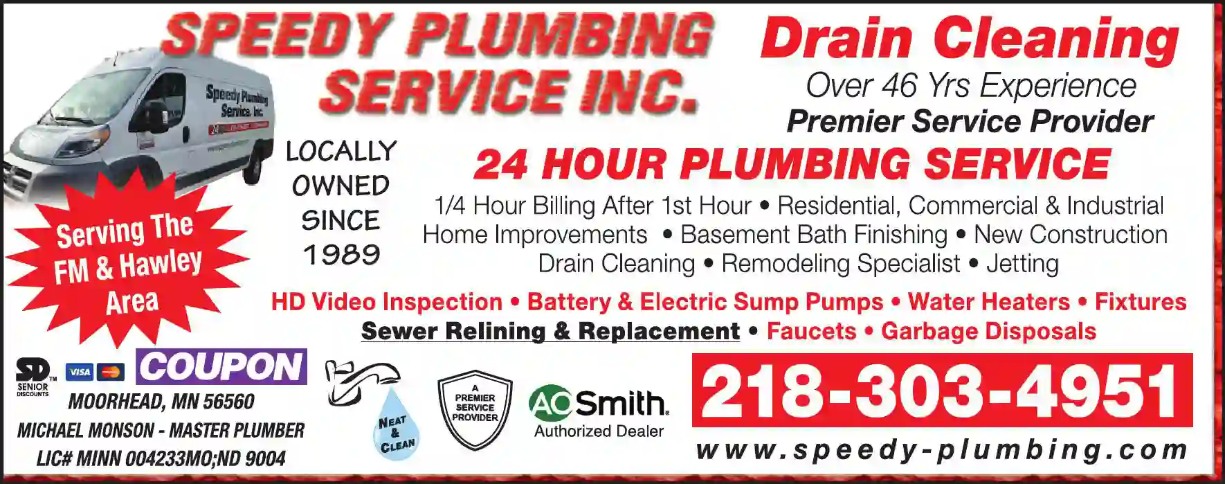 Drain Cleaning print ad for Speedy Plumbing Service Inc