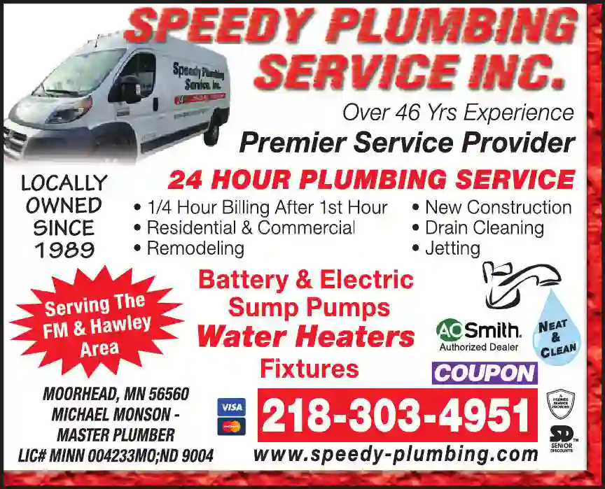 Water Heaters - Dealers print ad for Speedy Plumbing Service Inc