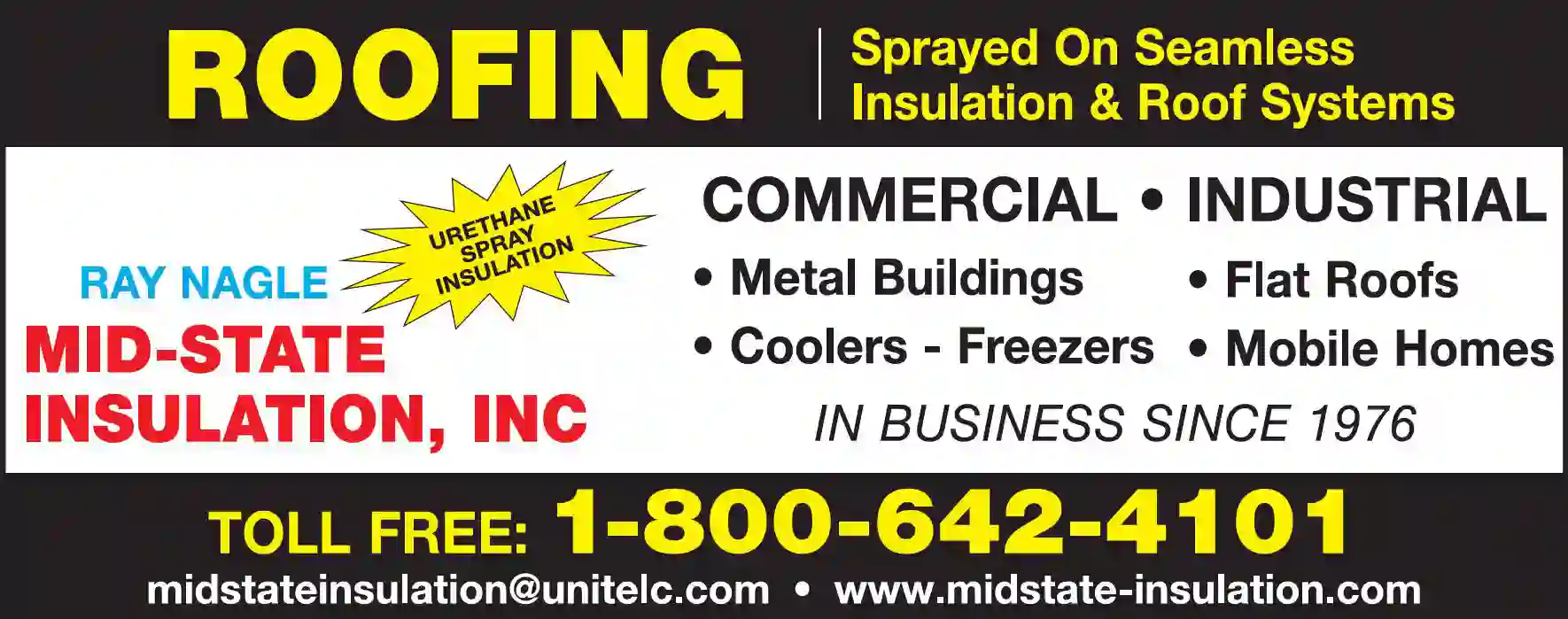 Roofing Contractors print ad for Mid-State Insulation Inc