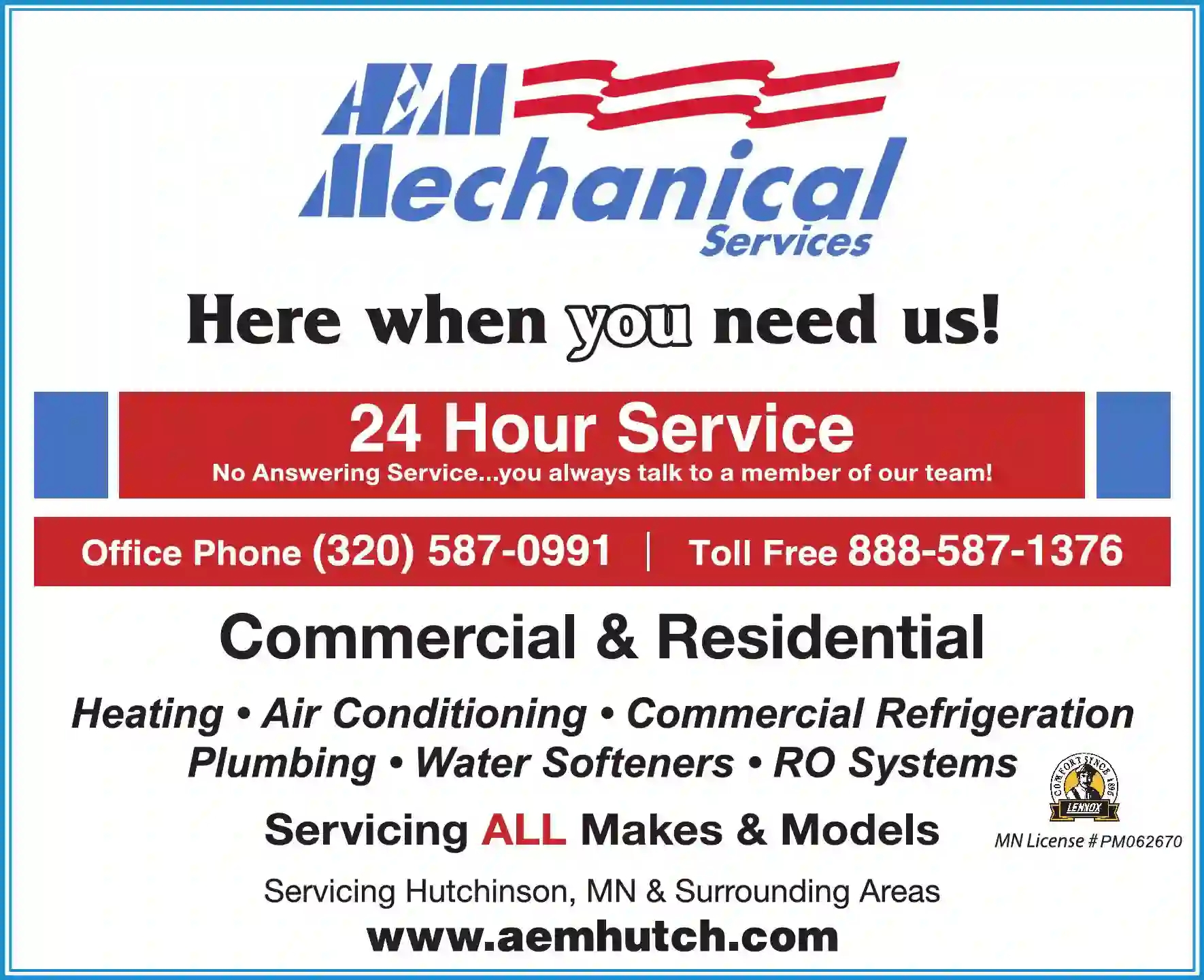 Heating Contractors print ad for AEM Mechanical Services Inc