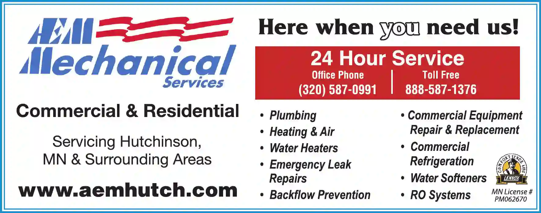 Plumbing Contractors print ad for AEM Mechanical Services Inc