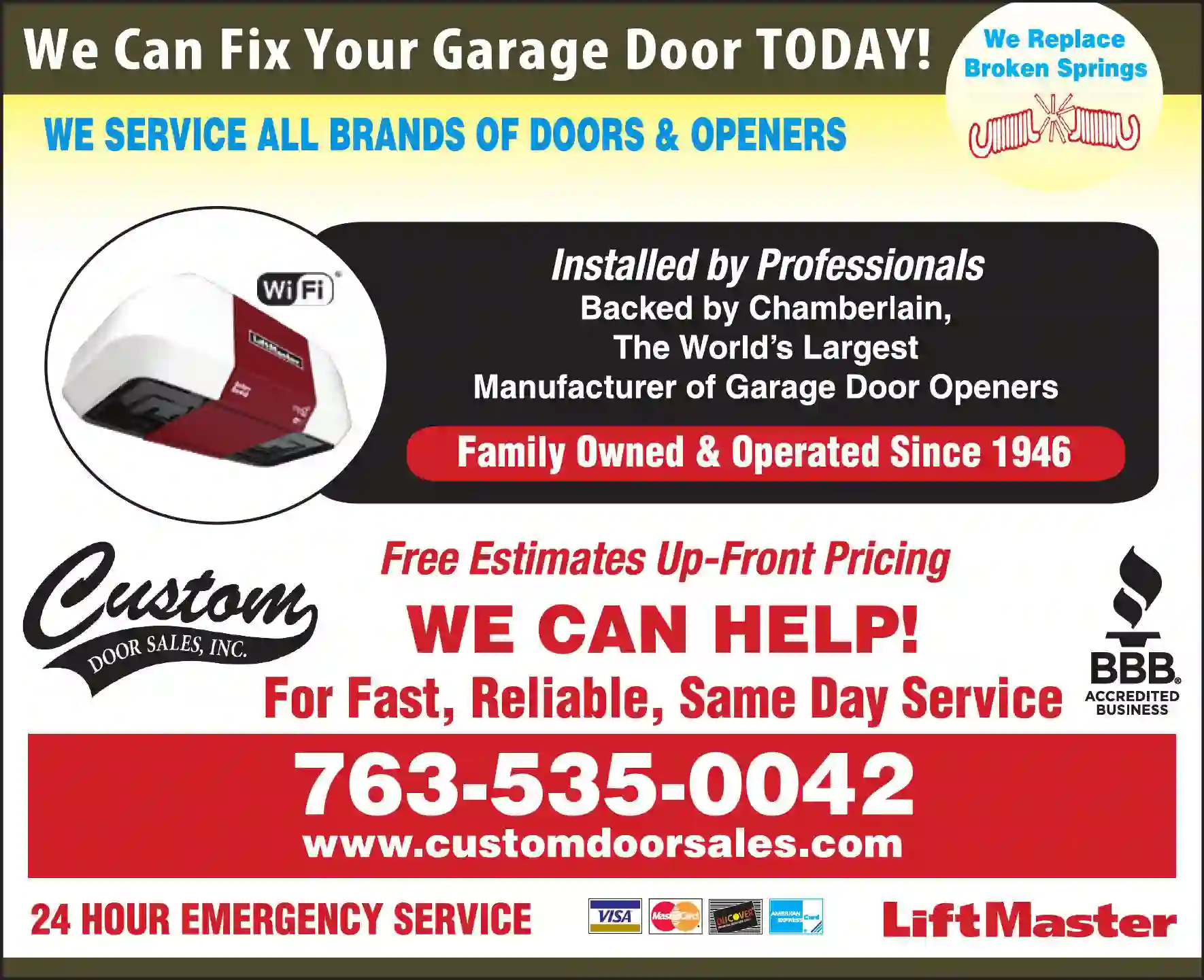 Garage Doors & Openers print ad for Custom Door Sales Inc