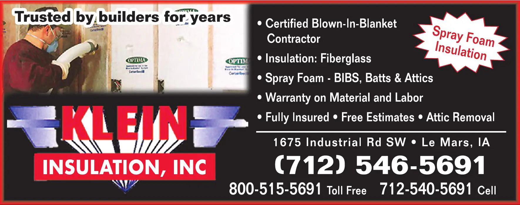 Insulation Contractors print ad for Klein Insulation Inc