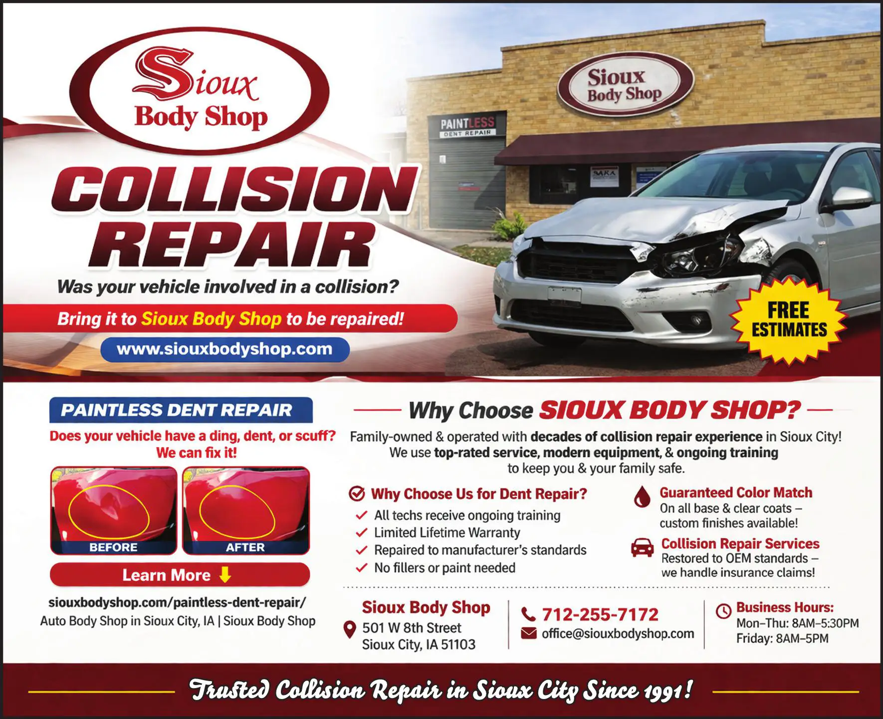 Auto Body - Paintless Dent Repair print ad for Sioux Body Shop