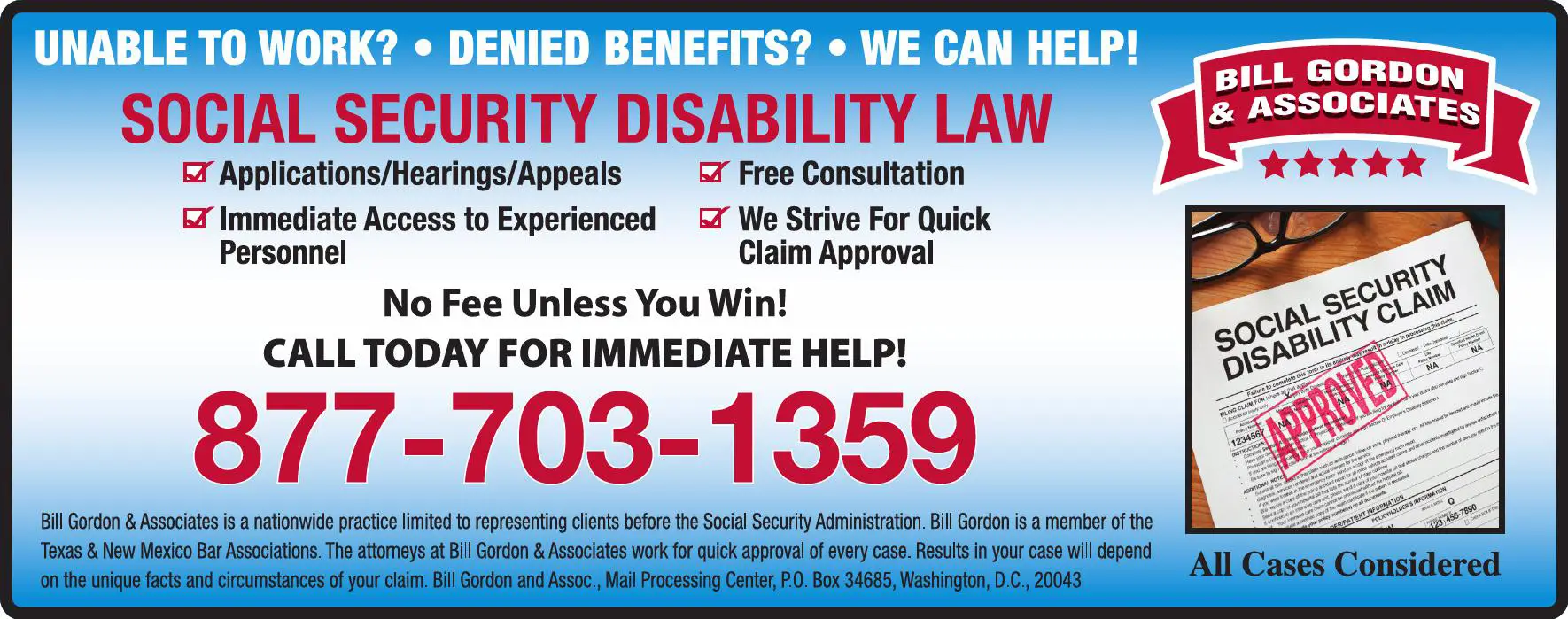 Attorneys - Social Security print ad for Bill Gordon & Associates