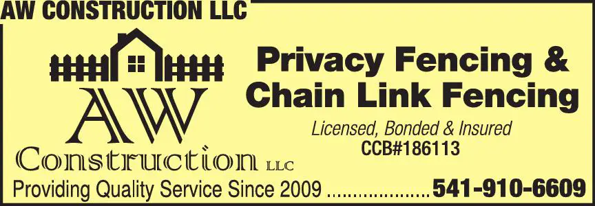 Fencing Contractors print ad for AW Construction LLC