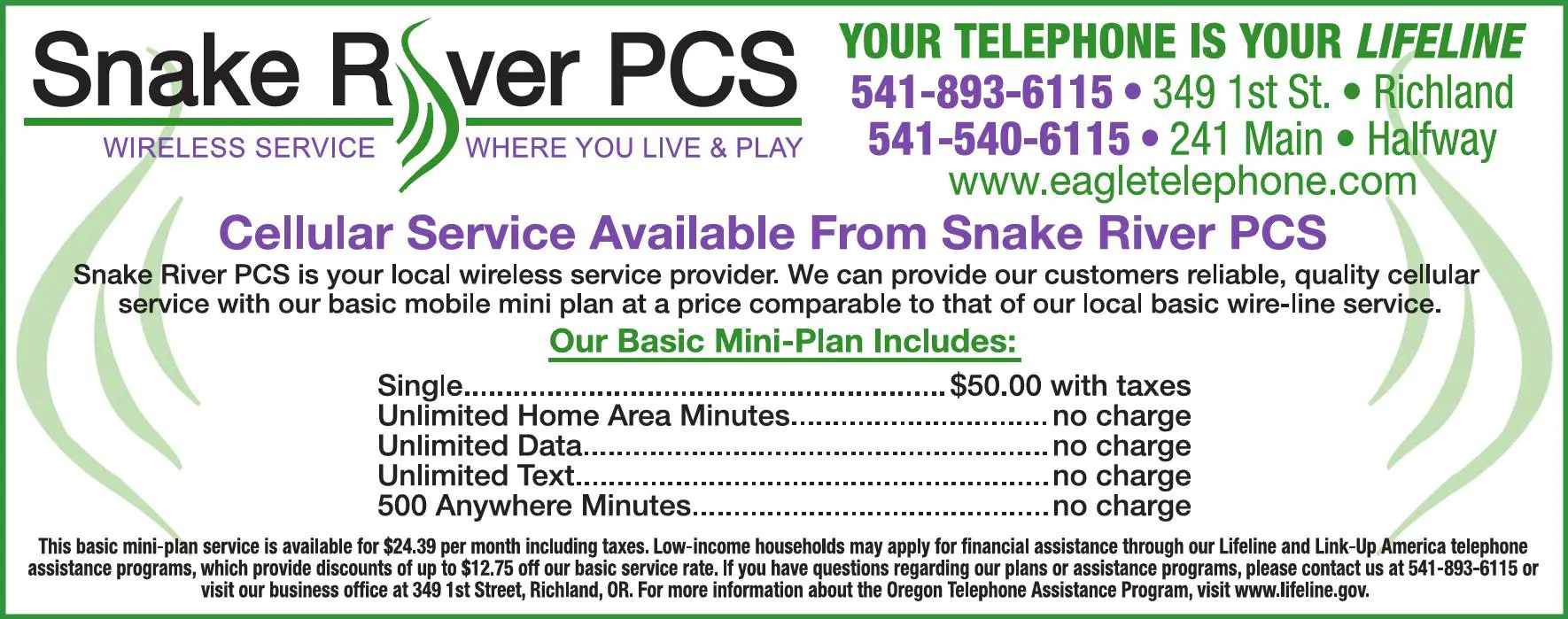 Cellular & Wireless Phone Equipment, Service, Supplies & Repair print ad for Snake River PCS