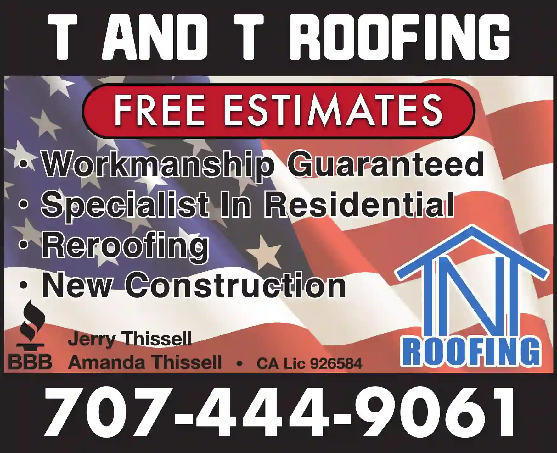 Roofing Contractors print ad for T and T Roofing