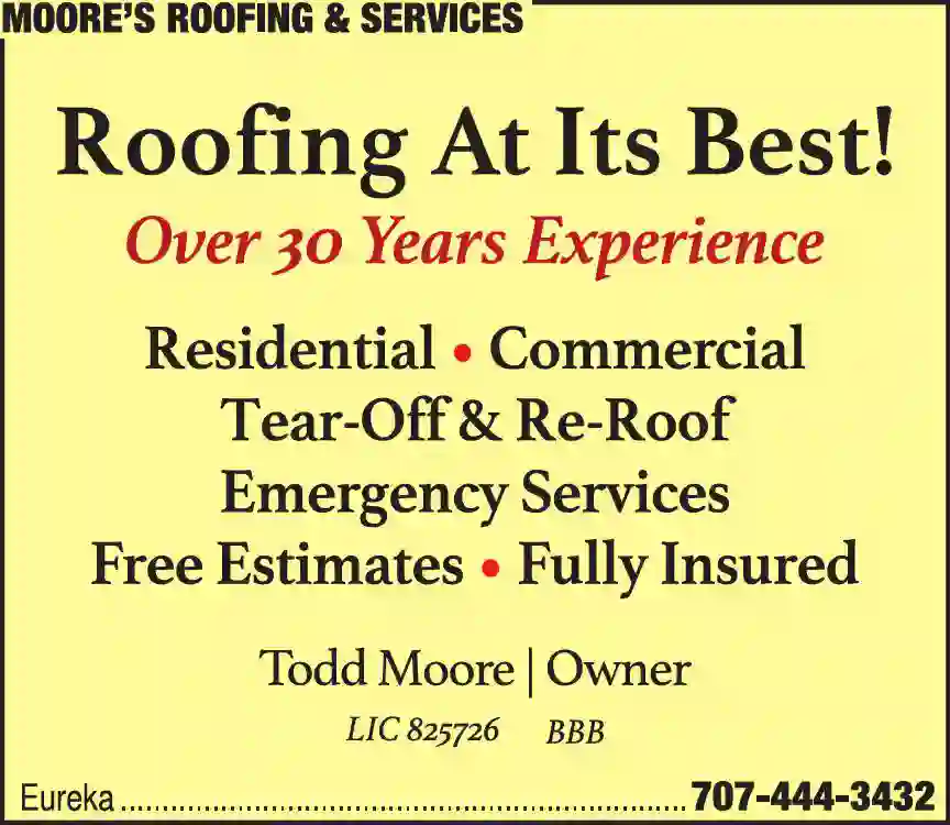 Roofing Contractors print ad for Moore's Roofing & Services