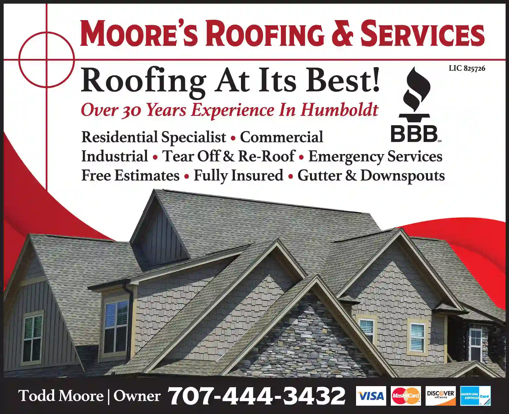 Roofing Contractors print ad for Moore's Roofing & Services