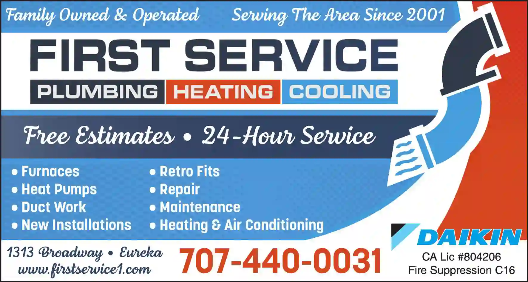 Heating Contractors print ad for First Service Plumbing ^ Heating & Cooling