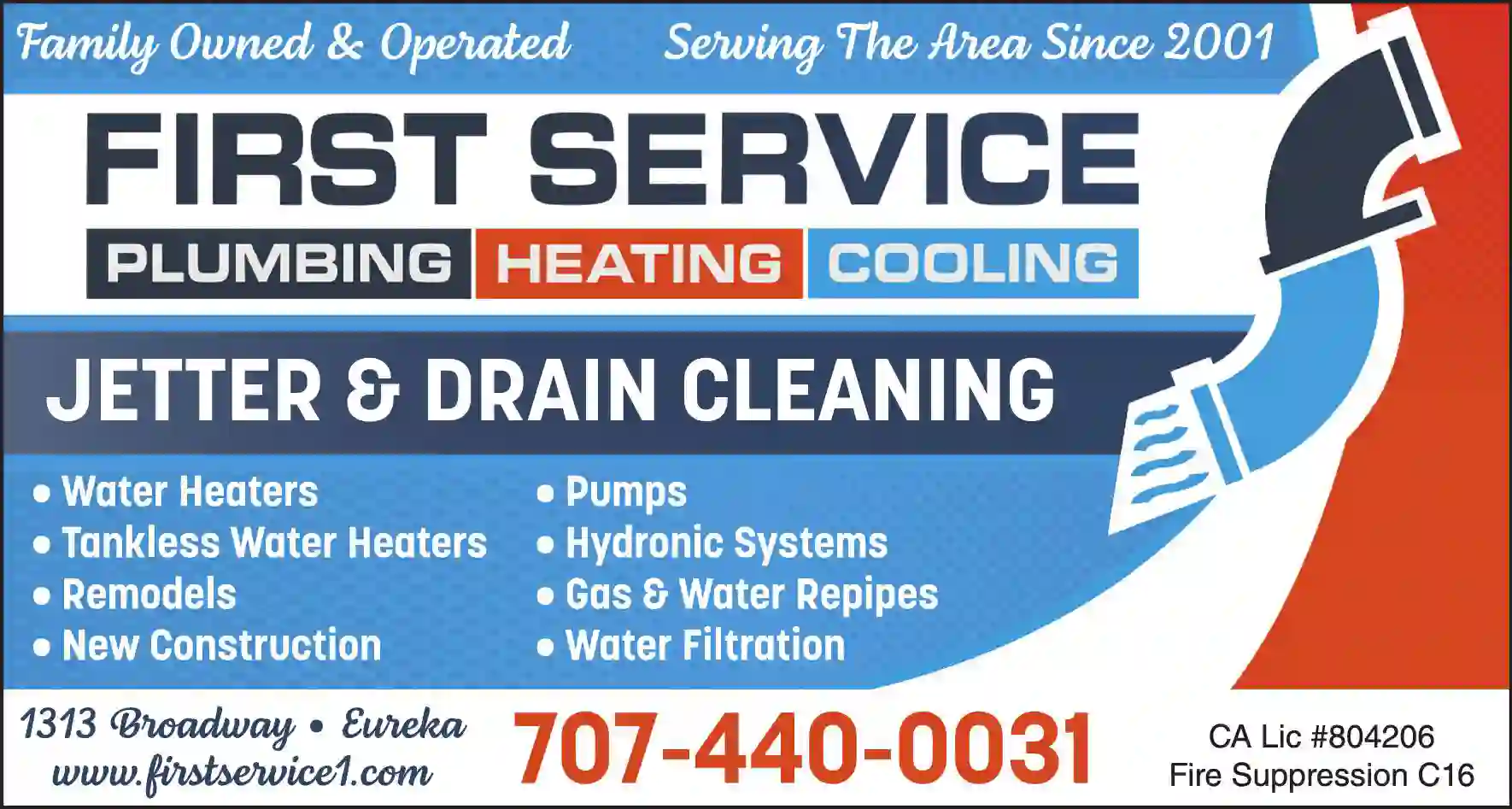 Plumbing Contractors print ad for First Service Plumbing ^ Heating & Cooling