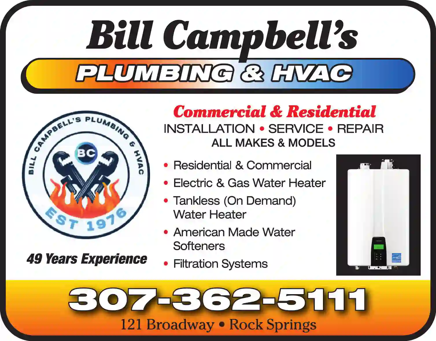 Water Heaters - Dealers print ad for Bill Campbell's Plumbing & Hvac