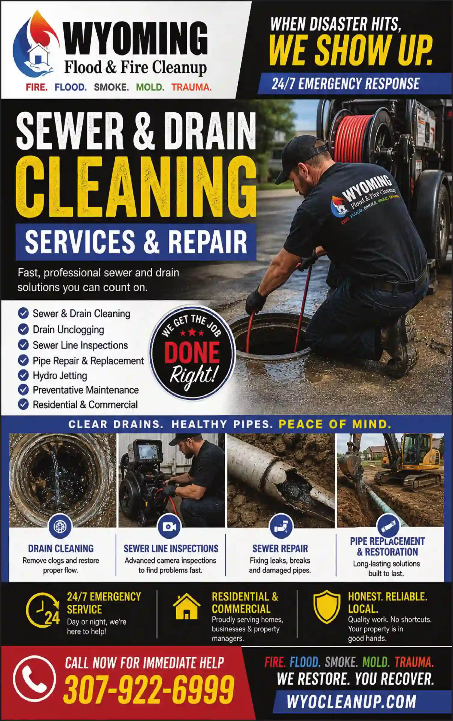 Sewer & Drain Cleaning, Services & Repairing print ad for Wyoming Flood & Fire Cleanup