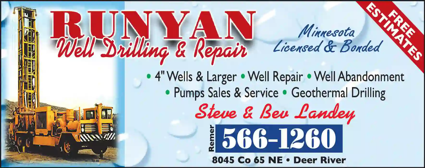 Well Drilling & Service print ad for Runyan Well Drilling & Repair