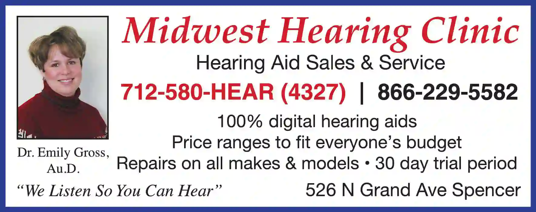 Hearing Aids & Assistive Devices print ad for Midwest Hearing Clinic