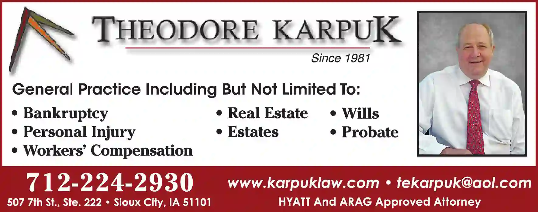 Attorneys print ad for Karpuk Theodore E
