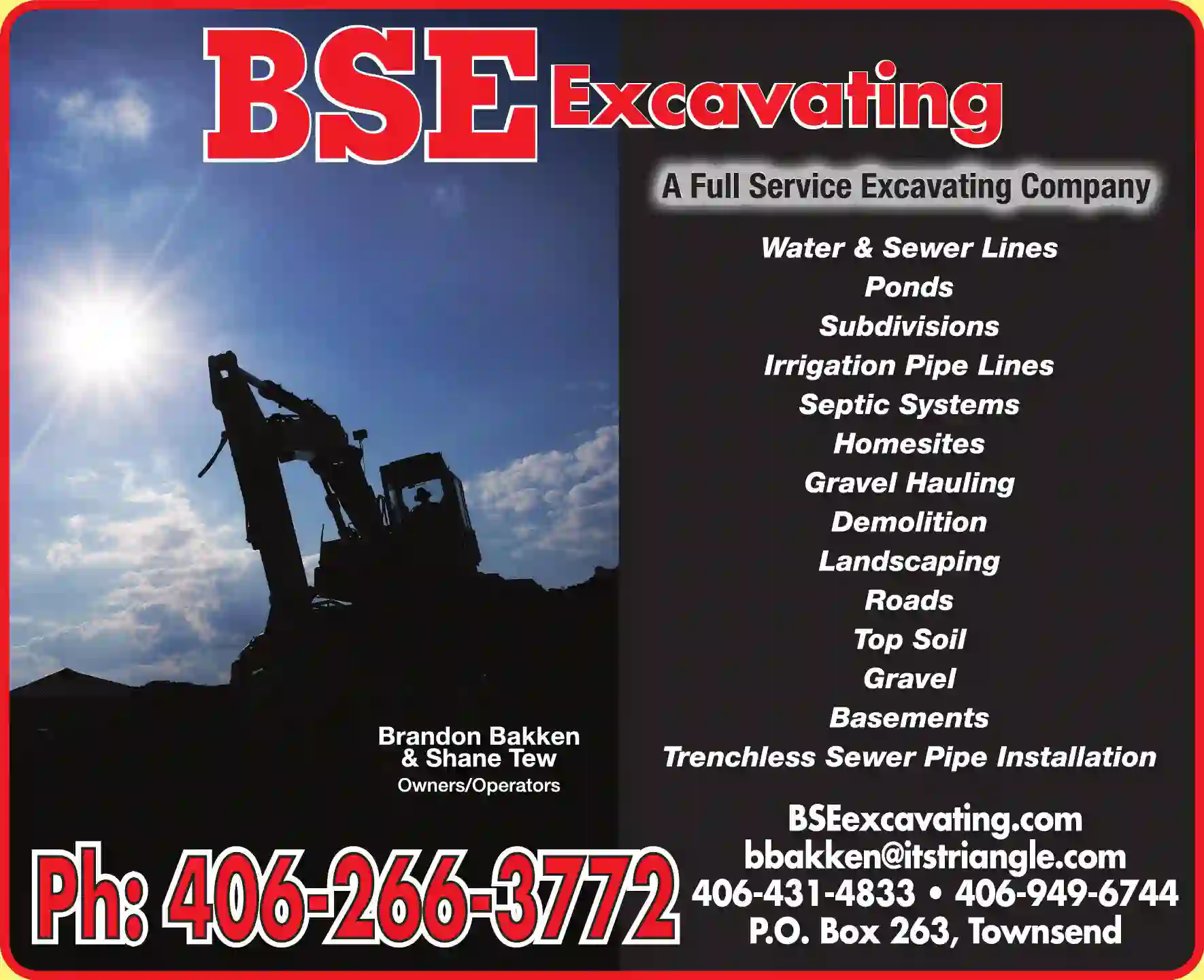 Excavating Contractors print ad for BSE Excavating