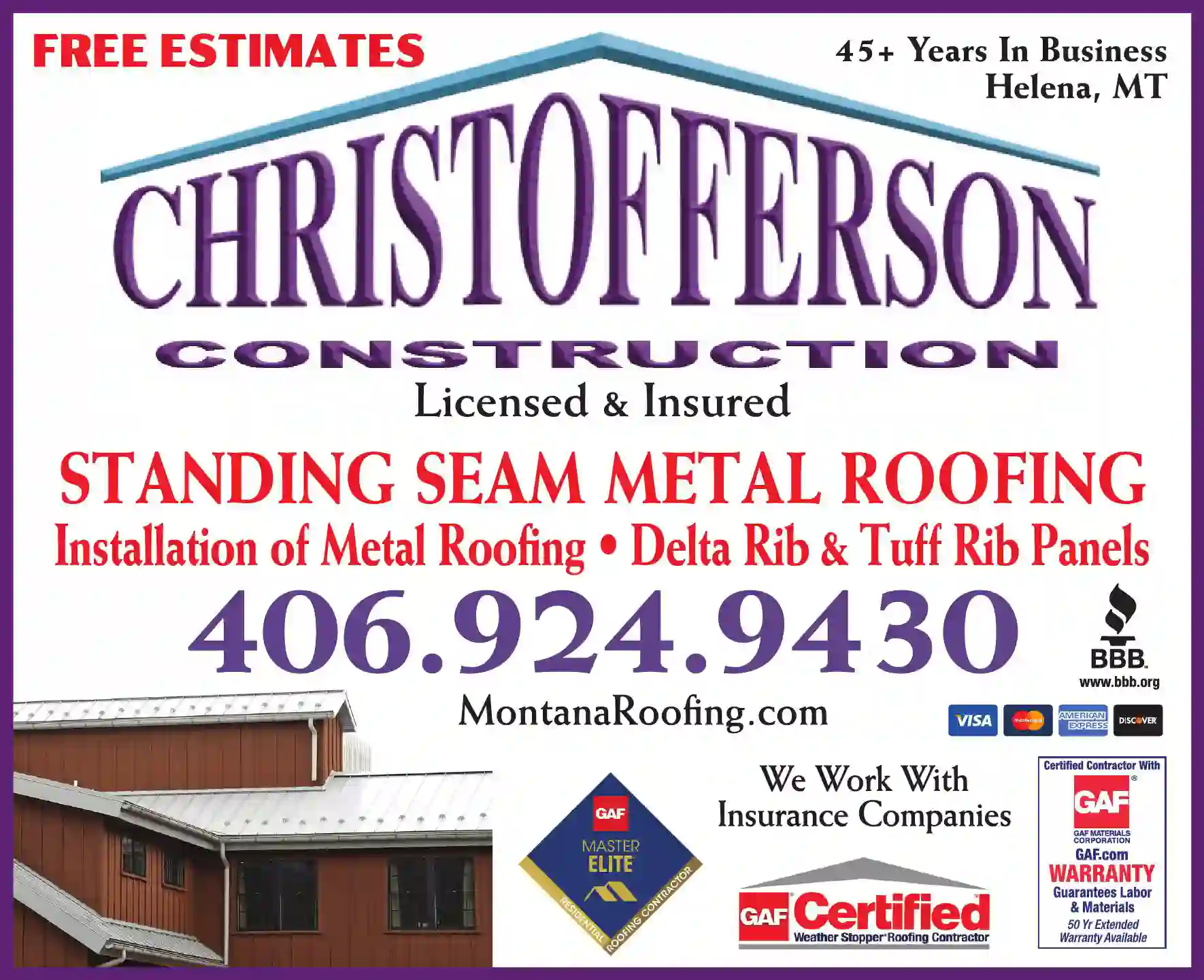 Roofing - Metal print ad for Christofferson Construction LLC