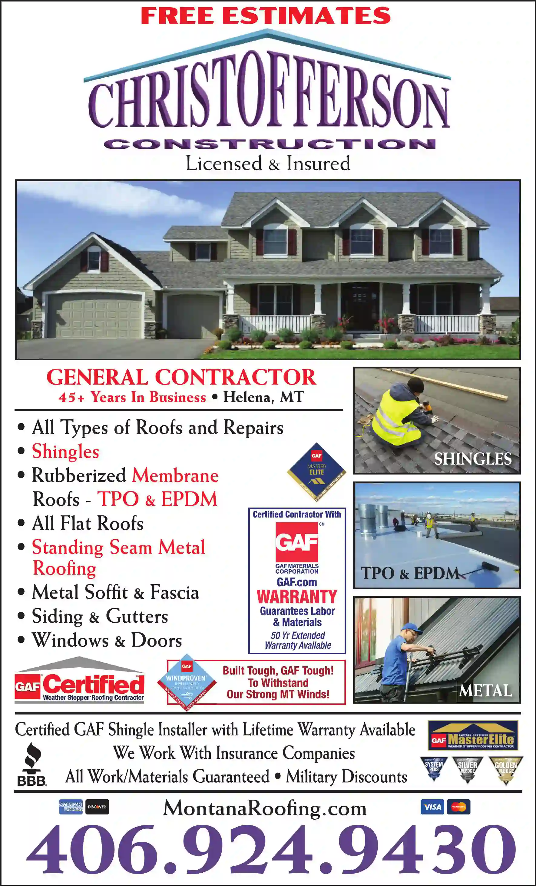 Roofing Contractors print ad for Christofferson Construction LLC