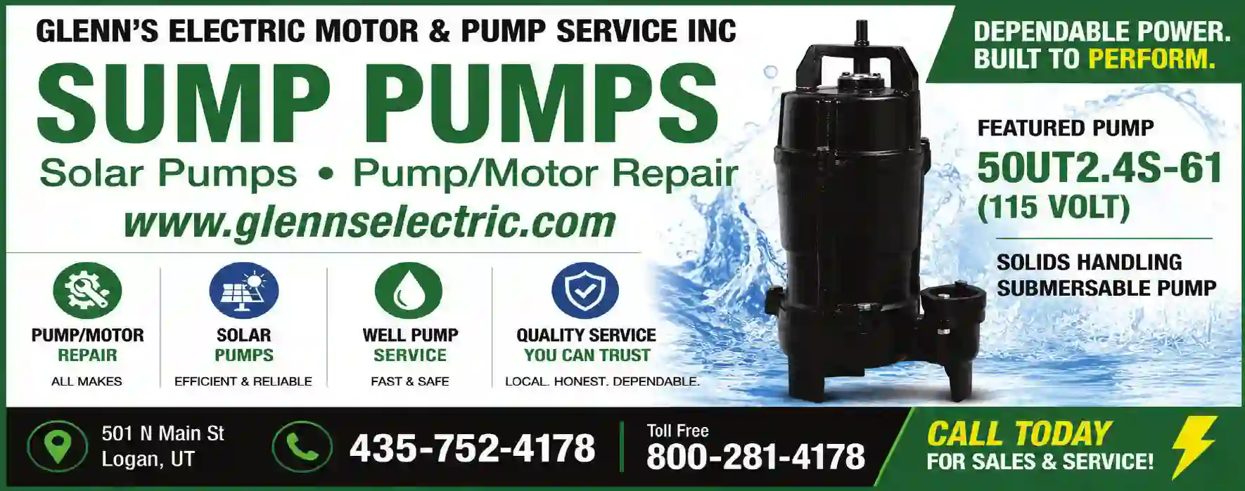 Pumps - Dealers print ad for Glenn's Electric Motor & Pump Service Inc
