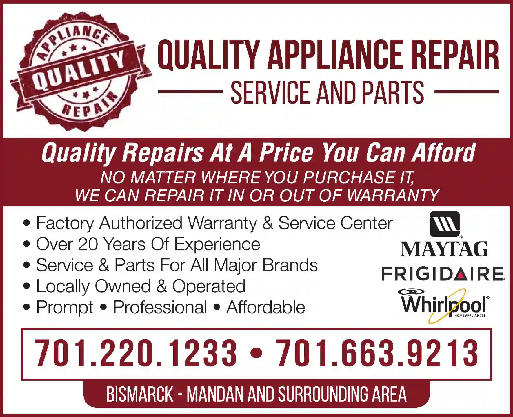 Appliances - Major - Service & Repair print ad for Quality Appliance Repair