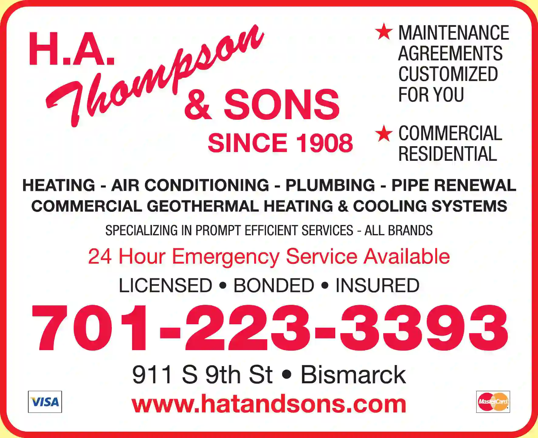 Heating Contractors print ad for H A Thompson & Sons