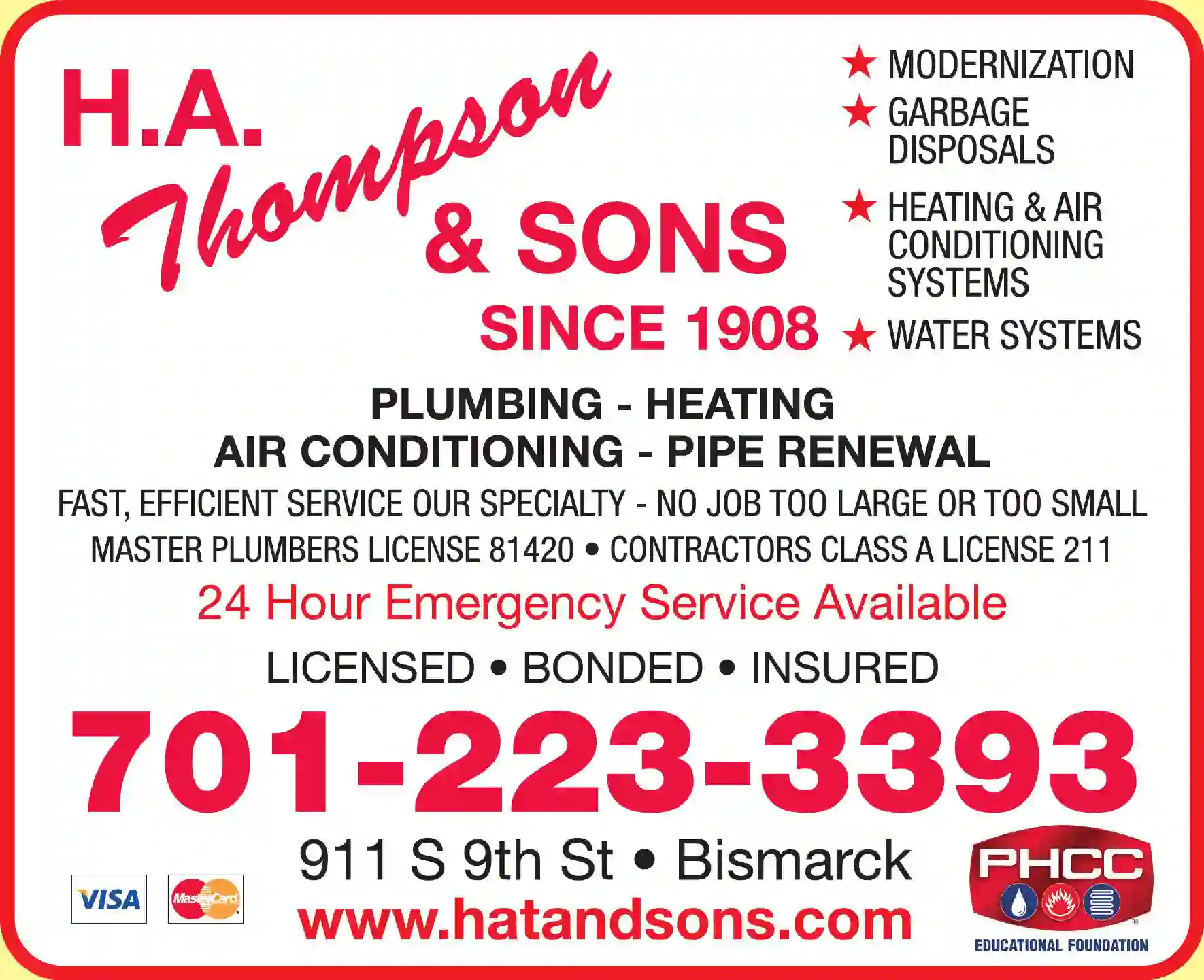 Plumbing Contractors print ad for H A Thompson & Sons
