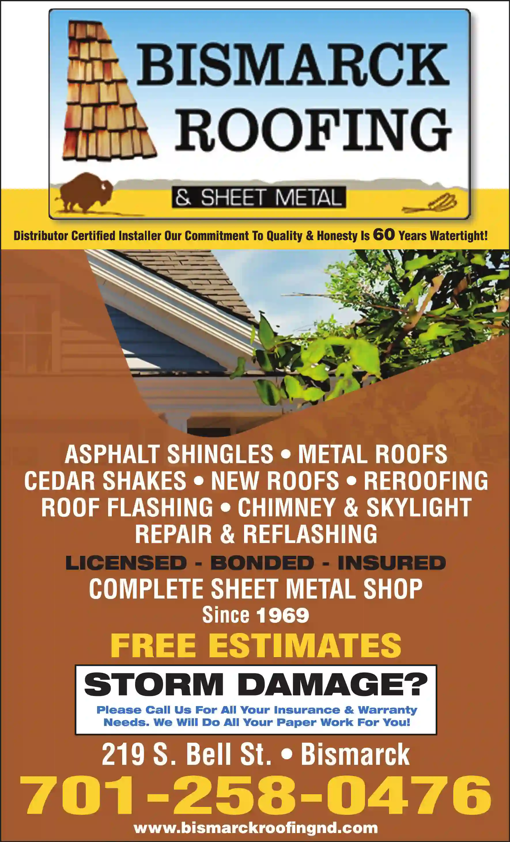 Roofing Contractors print ad for Bismarck Roofing Inc