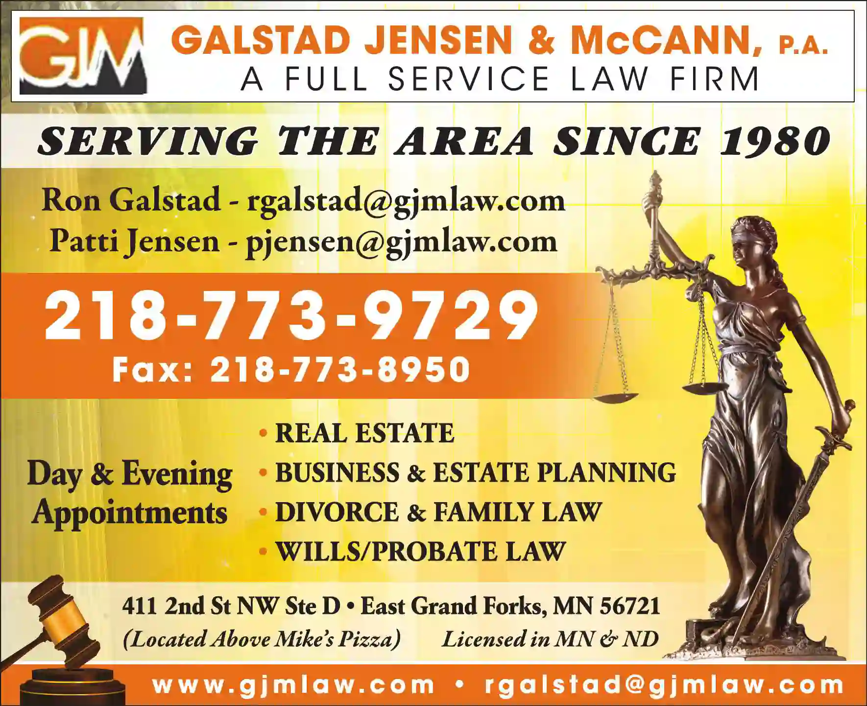 Attorneys print ad for Galstad Jensen & McCann PA
